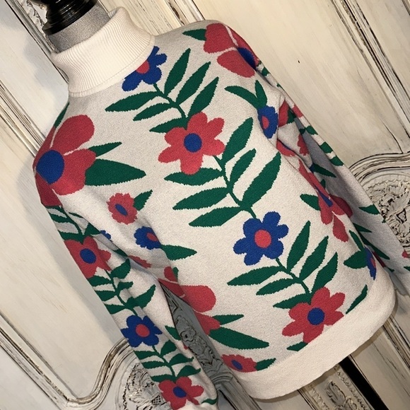 OntWelfth Double Knit Long Sleeve Turtleneck Daisy Flower Graphic Sweater Size M - Picture 2 of 13